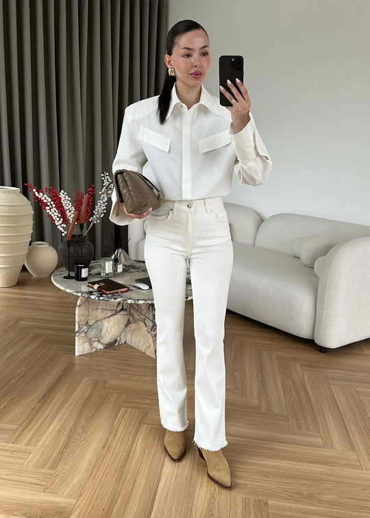 Paçacı Püsküllü Mini Flare Jean EKRU