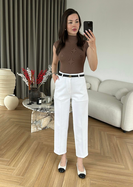 Paçası Dikişli Balon Mom Jean BEYAZ