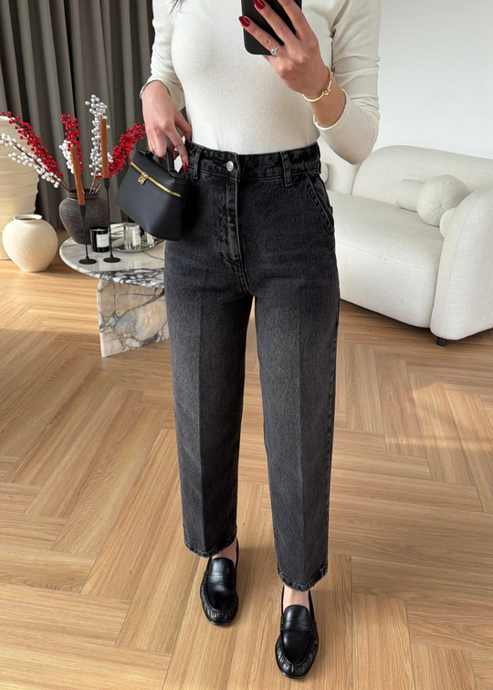 Paçası Dikişli Balon Mom Jean FÜME
