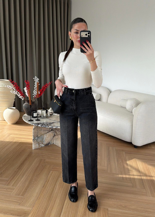 Paçası Dikişli Balon Mom Jean FÜME