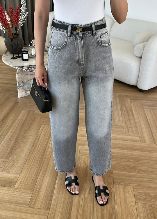 Paçası Dikişli Balon Mom Jean GRİ