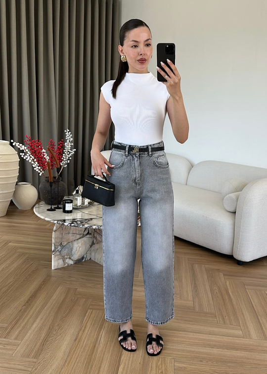 Paçası Dikişli Balon Mom Jean GRİ