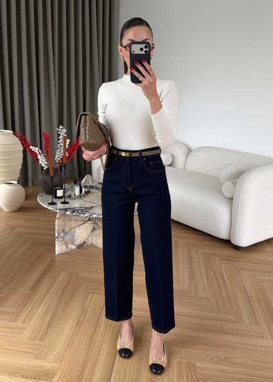 Paçası Dikişli Balon Mom Jean LACİVERT