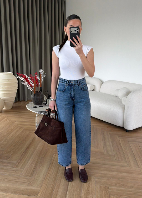 Paçası Dikişli Balon Mom Jean MAVİ