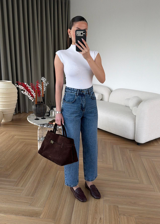Paçası Dikişli Balon Mom Jean MAVİ