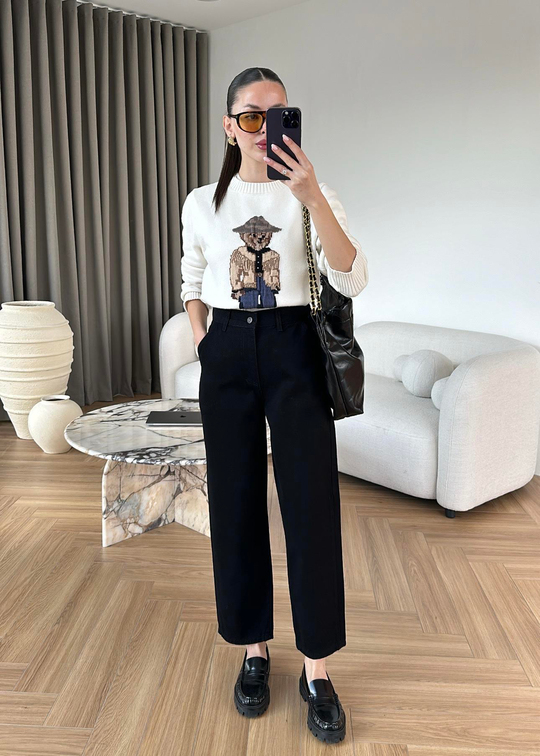 Paçası Dikişli Balon Mom Jean SİYAH
