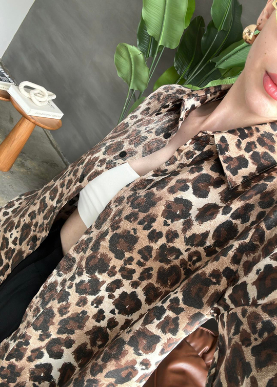 Parlak Leopar Dökümlü Gömlek BEJ