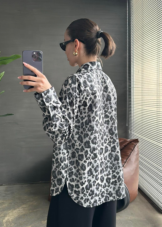 Parlak Leopar Dökümlü Gömlek GRİ