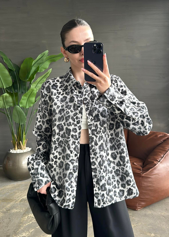 Parlak Leopar Dökümlü Gömlek GRİ