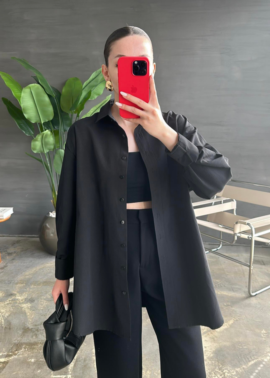 Patlı Poplin Tunik SİYAH