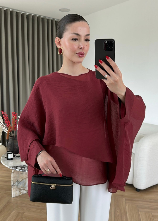Pelerin Yakalı Transparan Bluz BORDO