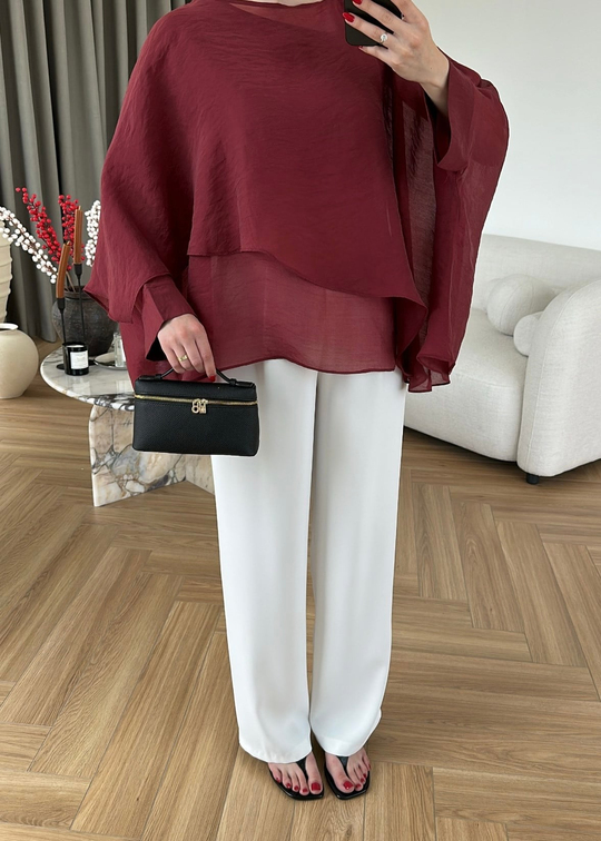 Pelerin Yakalı Transparan Bluz BORDO
