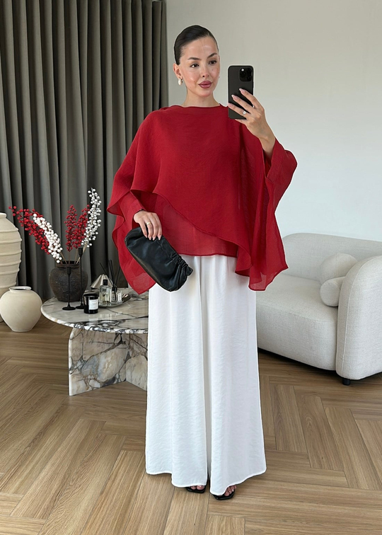 Pelerin Yakalı Transparan Bluz KIRMIZI
