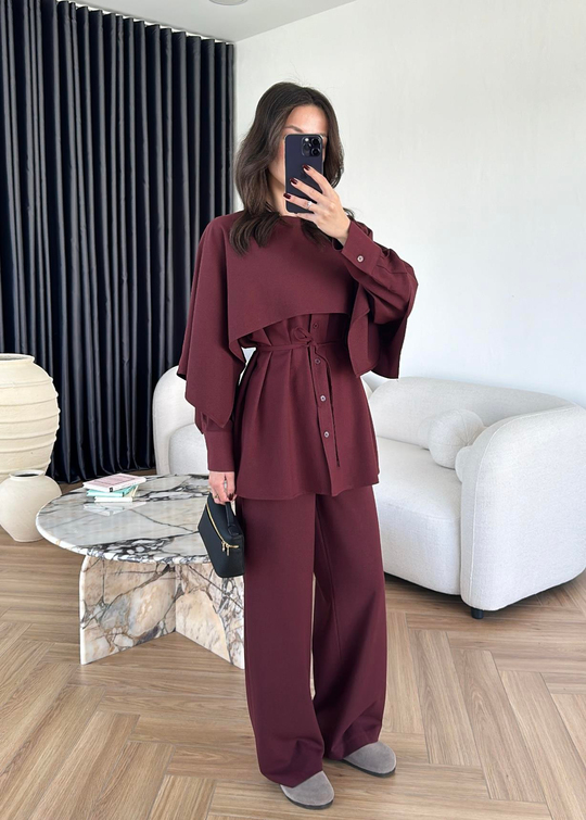 Pelerinli Palazzo Pantolonlu Takım BORDO