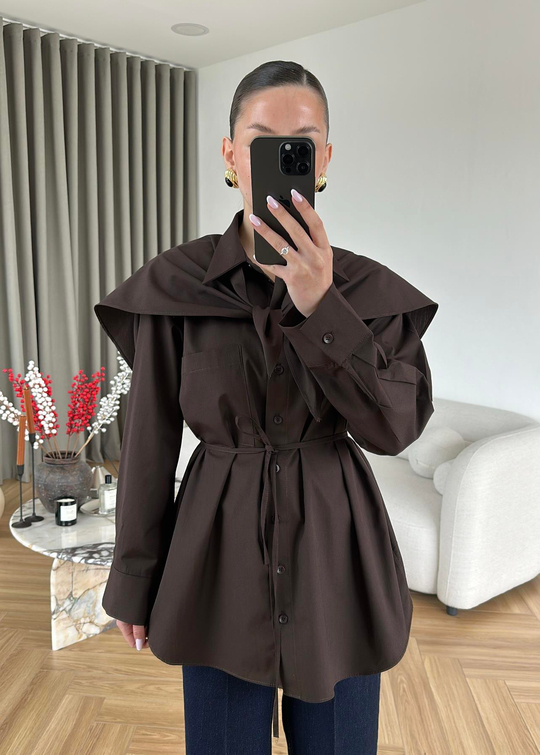 Pelerinli Poplin Gömlek ACI KAHVE