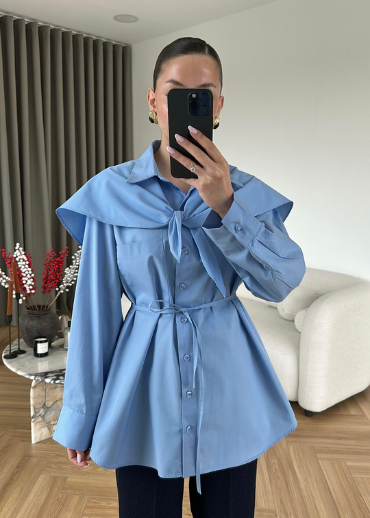 Pelerinli Poplin Gömlek BEBE MAVİ