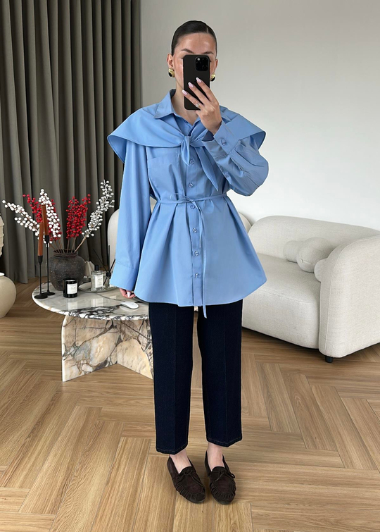 Pelerinli Poplin Gömlek BEBE MAVİ