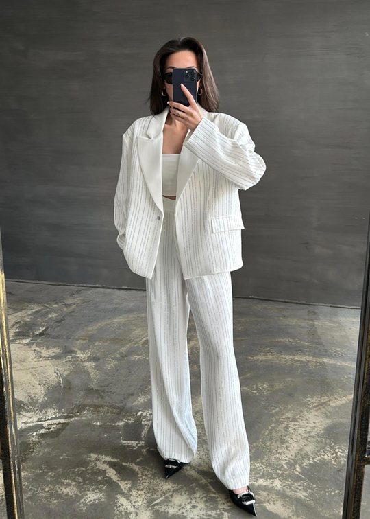 Premium Taşlı Blazer BEYAZ