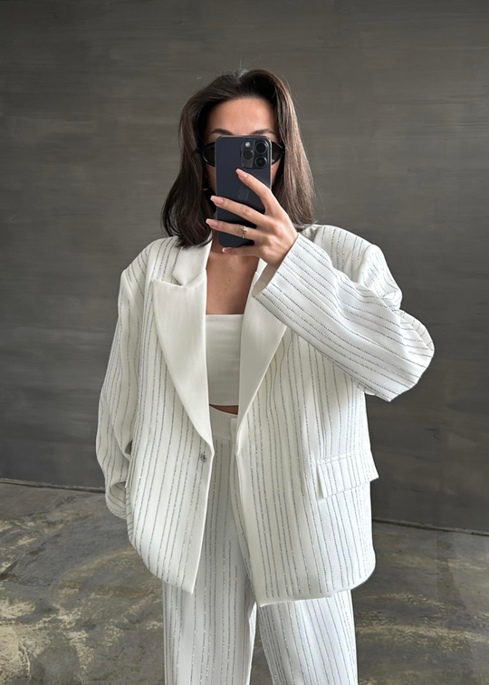Premium Taşlı Blazer BEYAZ