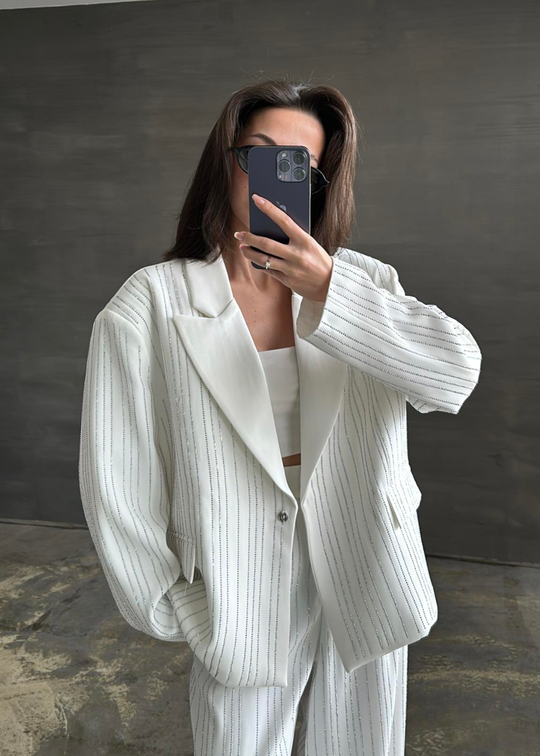 Premium Taşlı Blazer BEYAZ