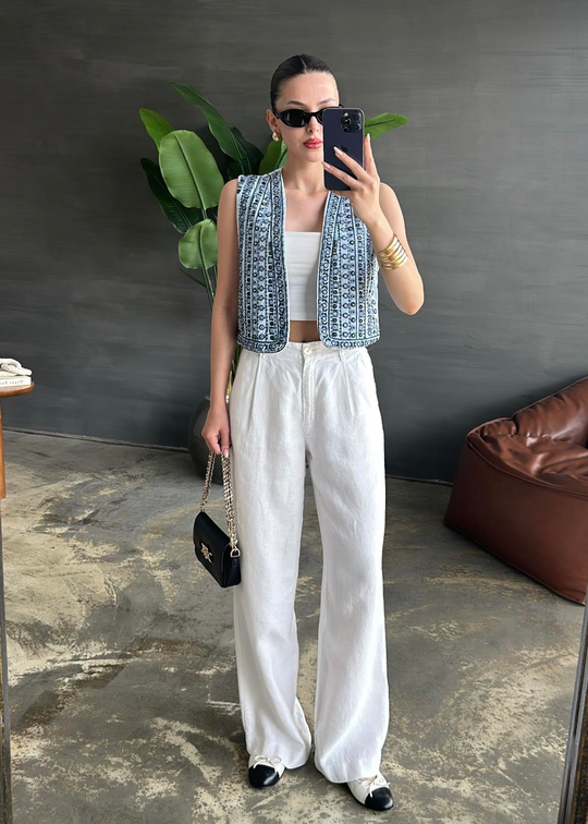 Pullu ve Nakışlı Denim Yelek AÇIK MAVİ