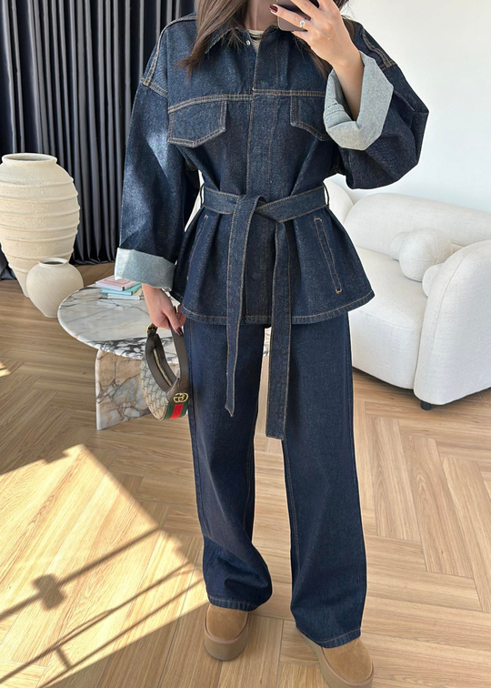 Renkli Dikişli Denim Takım LACİVERT