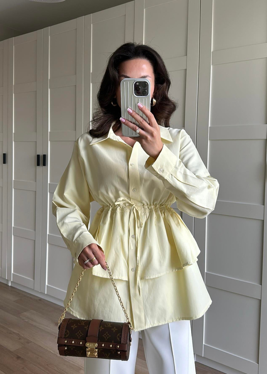 Robalı Beli Bağlamalı Poplin Gömlek SARI