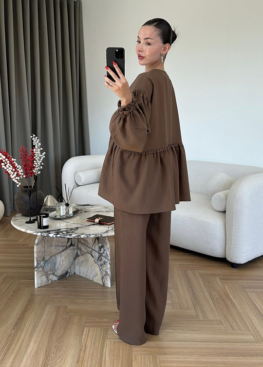Robalı Kimono Ceket Takım KAHVERENGİ