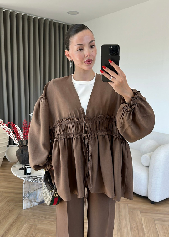 Robalı Kimono Ceket Takım KAHVERENGİ