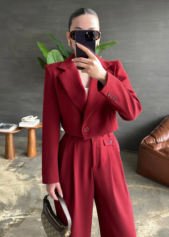 Roze Crop Premium Ceket BORDO