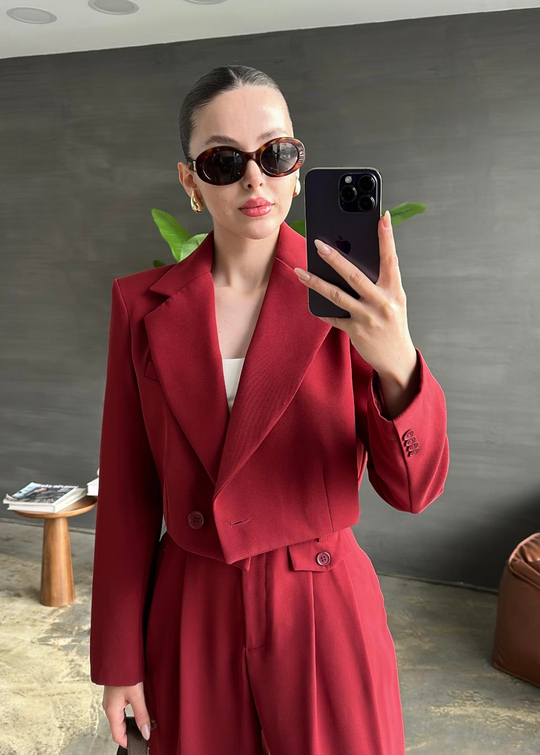 Roze Crop Premium Ceket BORDO