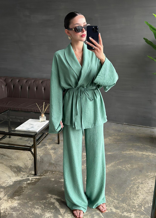 Şal Yaka Krinkıl Kimono Takım MİNT YEŞİLİ