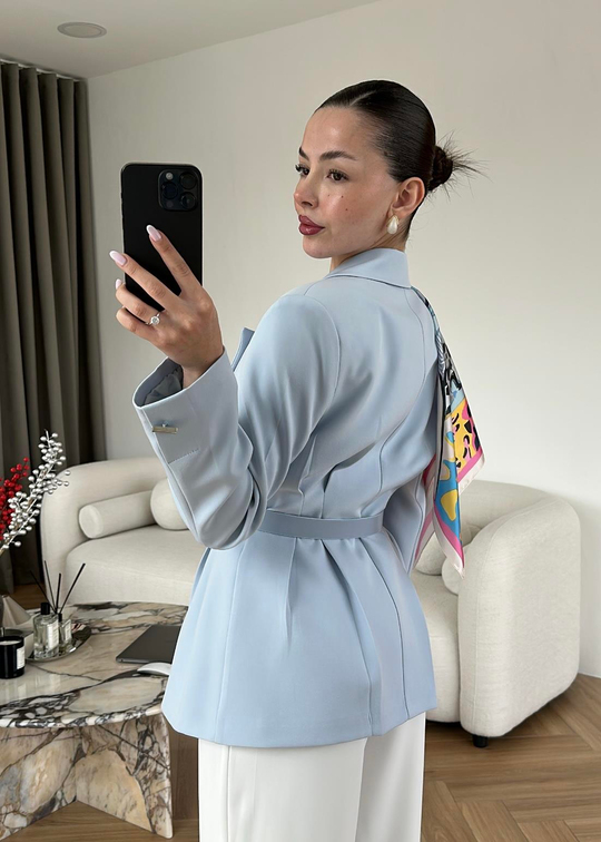 Şallı Deri Kemerli Blazer BEBE MAVİ