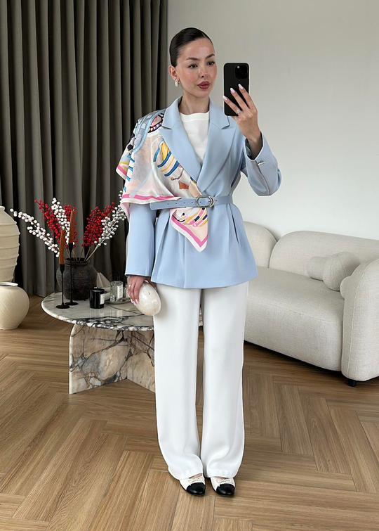 Şallı Deri Kemerli Blazer BEBE MAVİ
