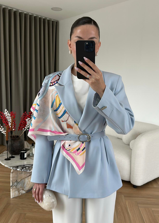 Şallı Deri Kemerli Blazer BEBE MAVİ