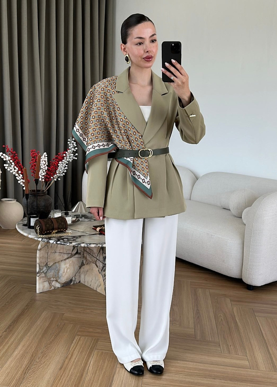 Şallı Deri Kemerli Blazer ÇAĞLA