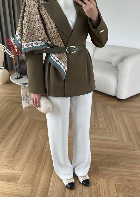 Şallı Deri Kemerli Blazer HAKİ