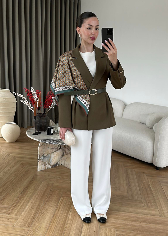 Şallı Deri Kemerli Blazer HAKİ