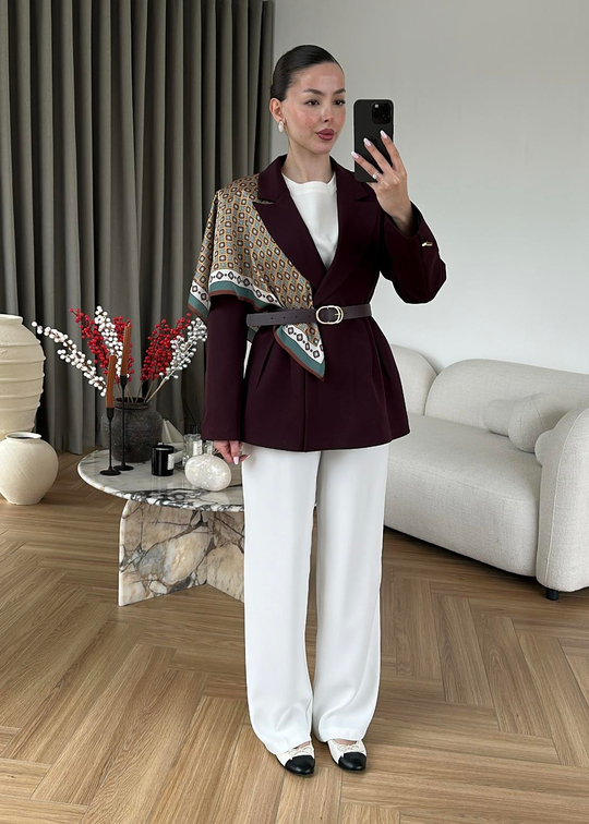 Şallı Deri Kemerli Blazer MÜRDÜM