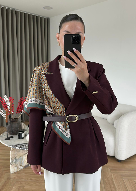 Şallı Deri Kemerli Blazer MÜRDÜM