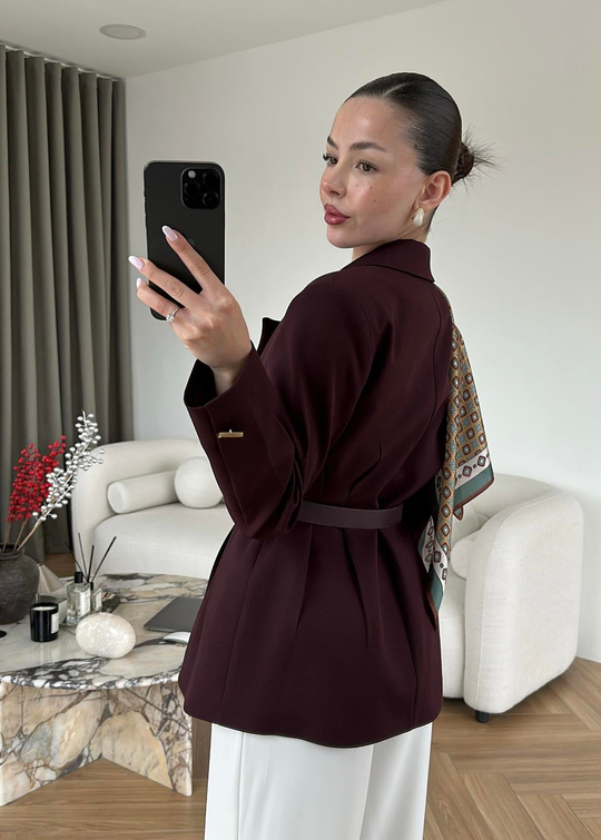 Şallı Deri Kemerli Blazer MÜRDÜM
