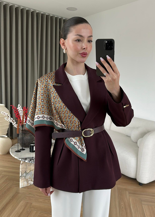 Şallı Deri Kemerli Blazer MÜRDÜM