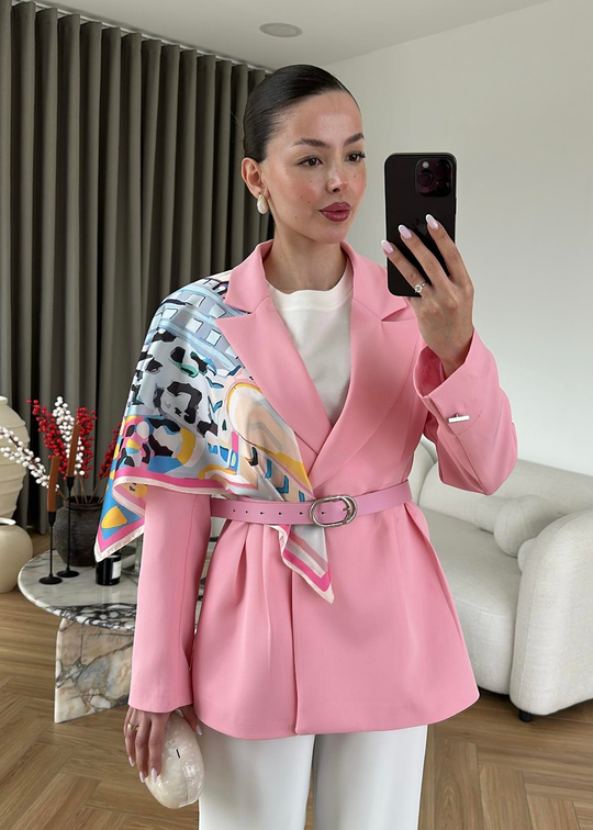 Şallı Deri Kemerli Blazer PEMBE