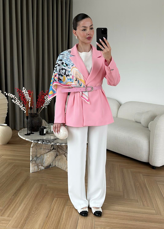 Şallı Deri Kemerli Blazer PEMBE