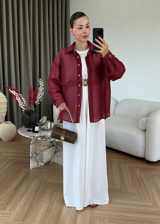 Sedef Düğmeli Transparan Gömlek BORDO