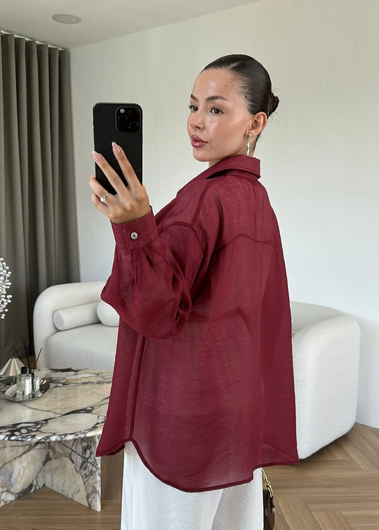 Sedef Düğmeli Transparan Gömlek BORDO