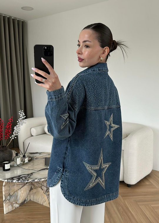 Star Taşlı Denim Ceket MAVİ