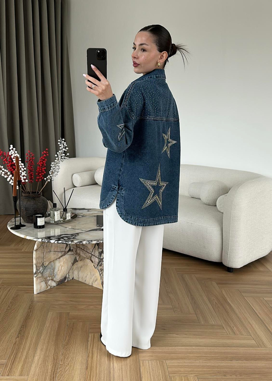 Star Taşlı Denim Ceket MAVİ