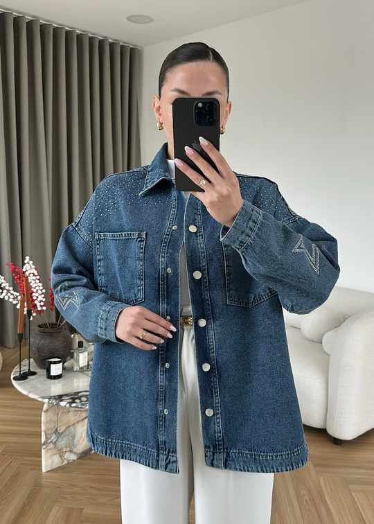 Star Taşlı Denim Ceket MAVİ