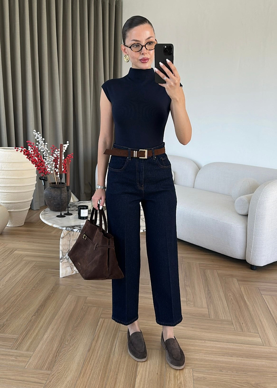 Süet Kemerli Balon Mom Jean LACİVERT